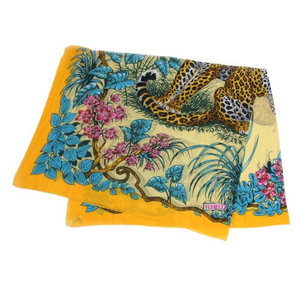 Hermes Large Stole/Scarf Cotton Pareo Leopard Print Jungle Love Yellow